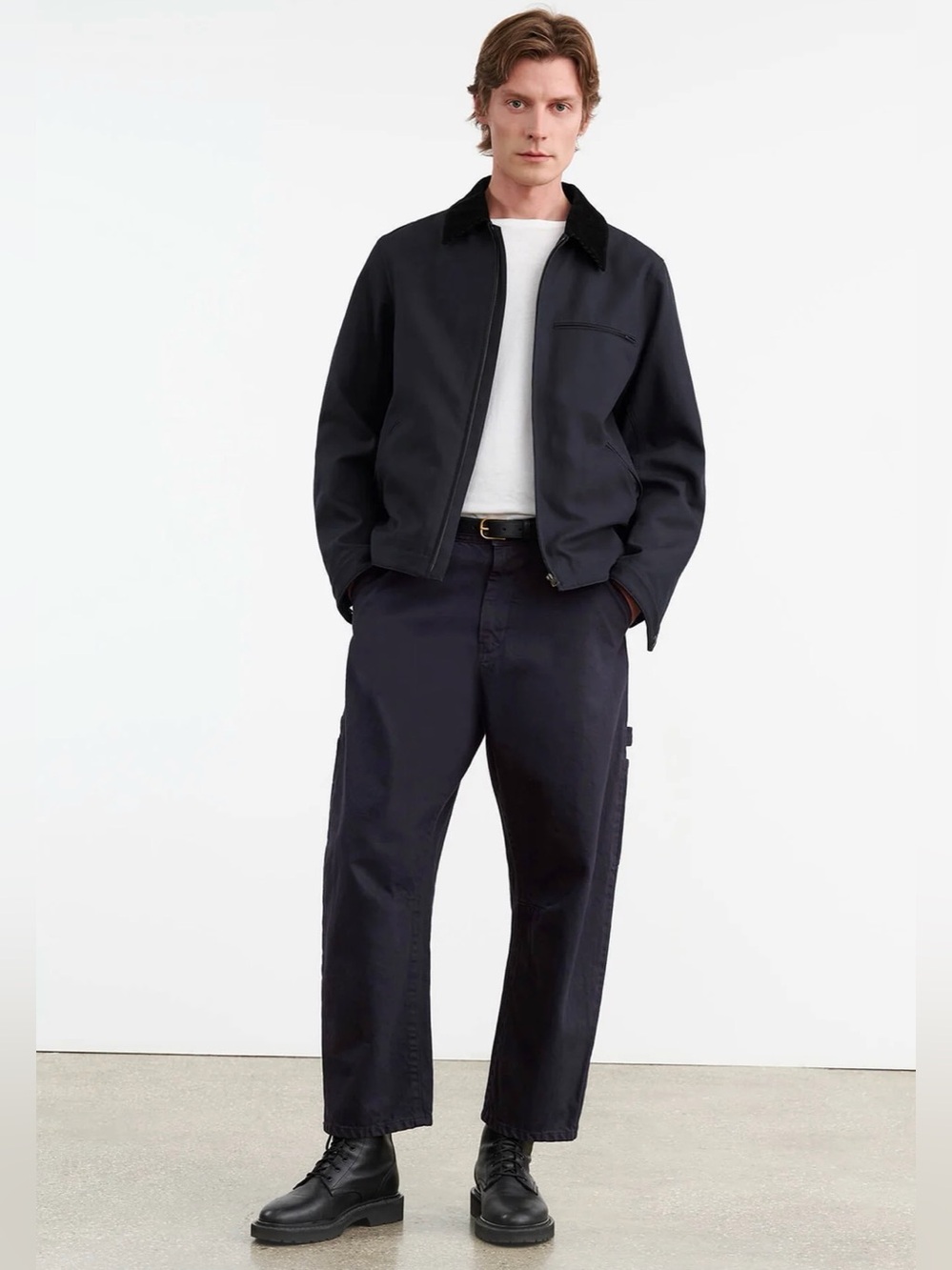 Nili Lotan 30 Emir Cotton Carpenter Pant Midnight Blue Barrel Leg